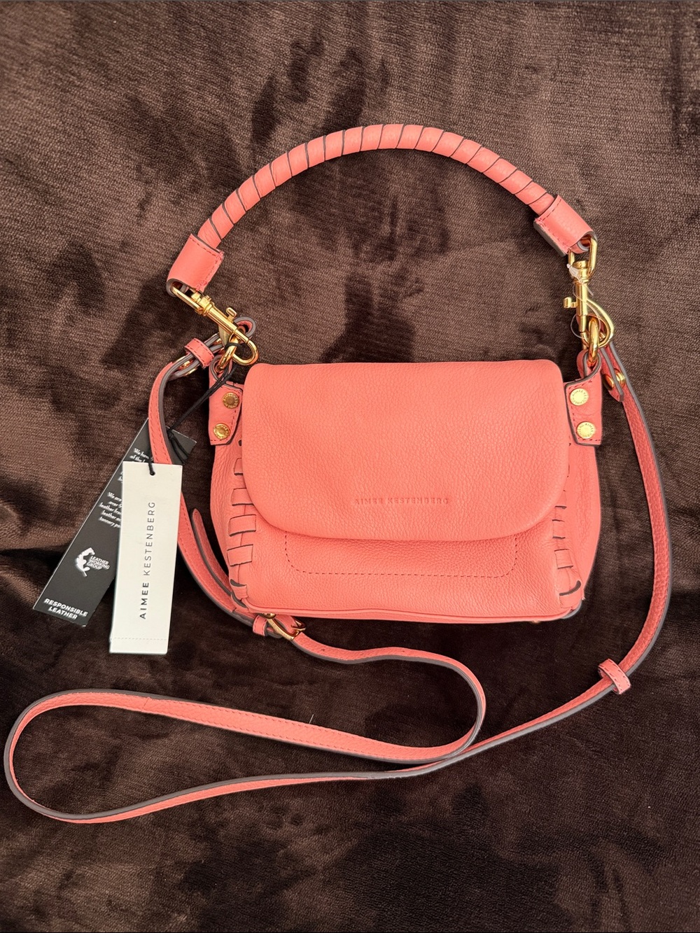 Aimee Kestenberg Coral Pink Leather Crossbody with Woven Top Handle